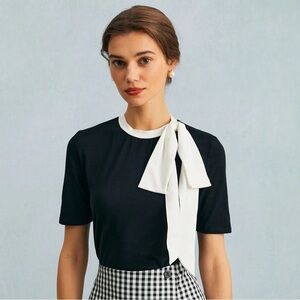 RIHOAS The Black Round Neck Colorblock Bowknot Top S